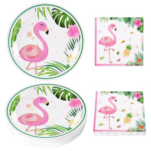 WERNNSAI Flamingo Plates and Napkins Set - Serves 50 Guests 100 PCS Hawaiian Luau Party Supplies Disposable Tableware Set Dinner Luncheon Plates Napkins for Birthday Baby Shower Wedding Party