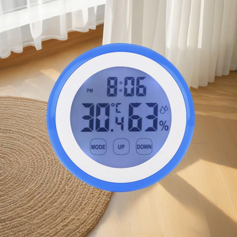 Round Touch Screen Temperature Humidity Meter with Clock Alarm for Household Use