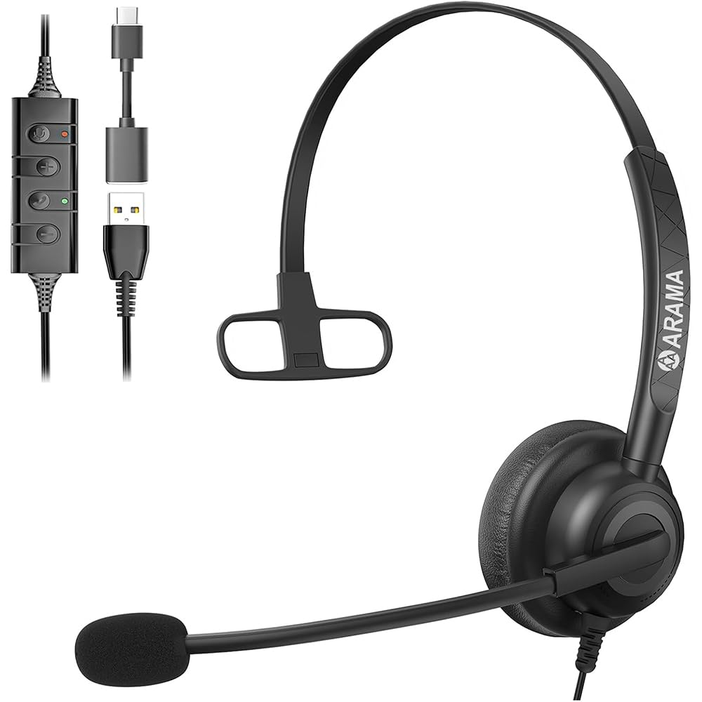 Arama Casque USB avec microphone antibruit pour PC, casque d'ordinateur, casque filaire USB mono pour ordinateur portable, cours en ligne, centre d'appel, entreprise, réunions zoom, Skype Chat