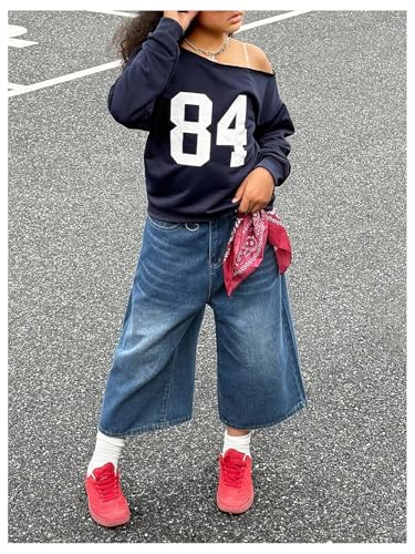 Girl's Number Jersey Sweatshirt Long Sleeve Off The Shoulder Sweatshirt Tops Pullover Streetwear4