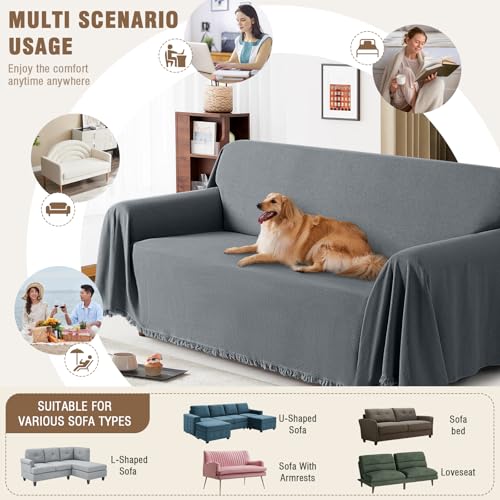 TAOCOCO Couch Covers for Pets Heavy Duty Couch Covers for 3 Cushion Couch Sectional Sofa Covers Durable Furniture Covers for Dogs, Kids, Washable Sofa Slipcovers with Tassels (91''x134'' Dark Grey) — view 6