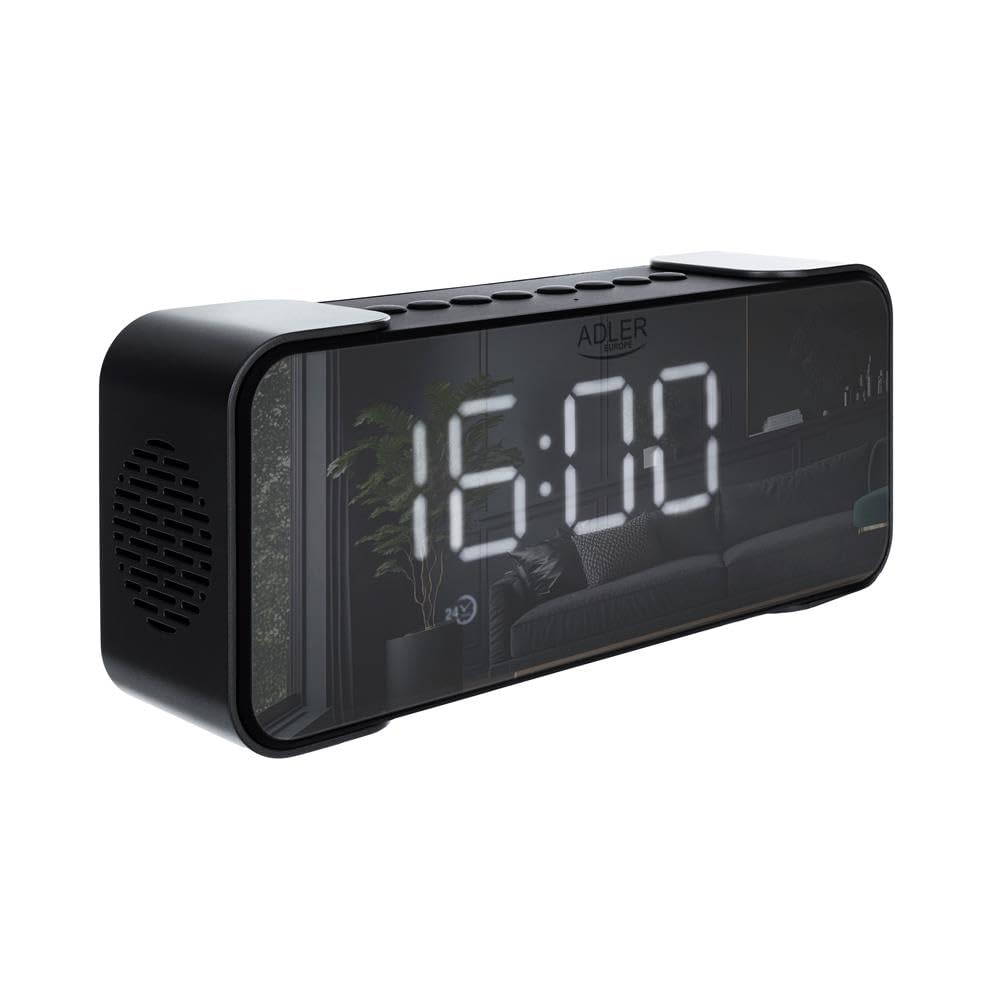 Adlereurope AD 1190 Kabelloser Radiowecker - FM, 3 Weckermodi, LED-Display, Bluetooth 5.0, AUX/SD, 1800 mAh Akku, Spiegeloberfläche, 24/12-Stunden-Uhr, Silber/Schwarz