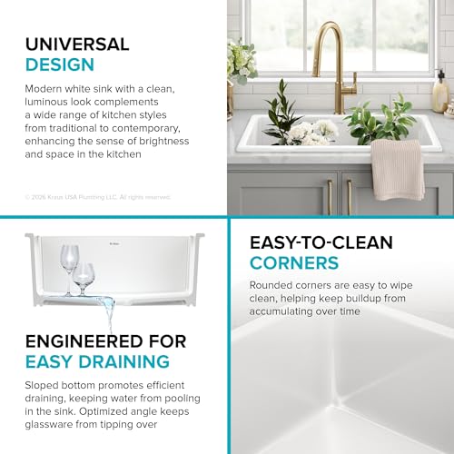 KRAUS Turino 24” Fireclay Drop In/Undermount Kitchen Sink Single Bowl in Gloss White, KFD1-24GWH by Kraus - Image 6