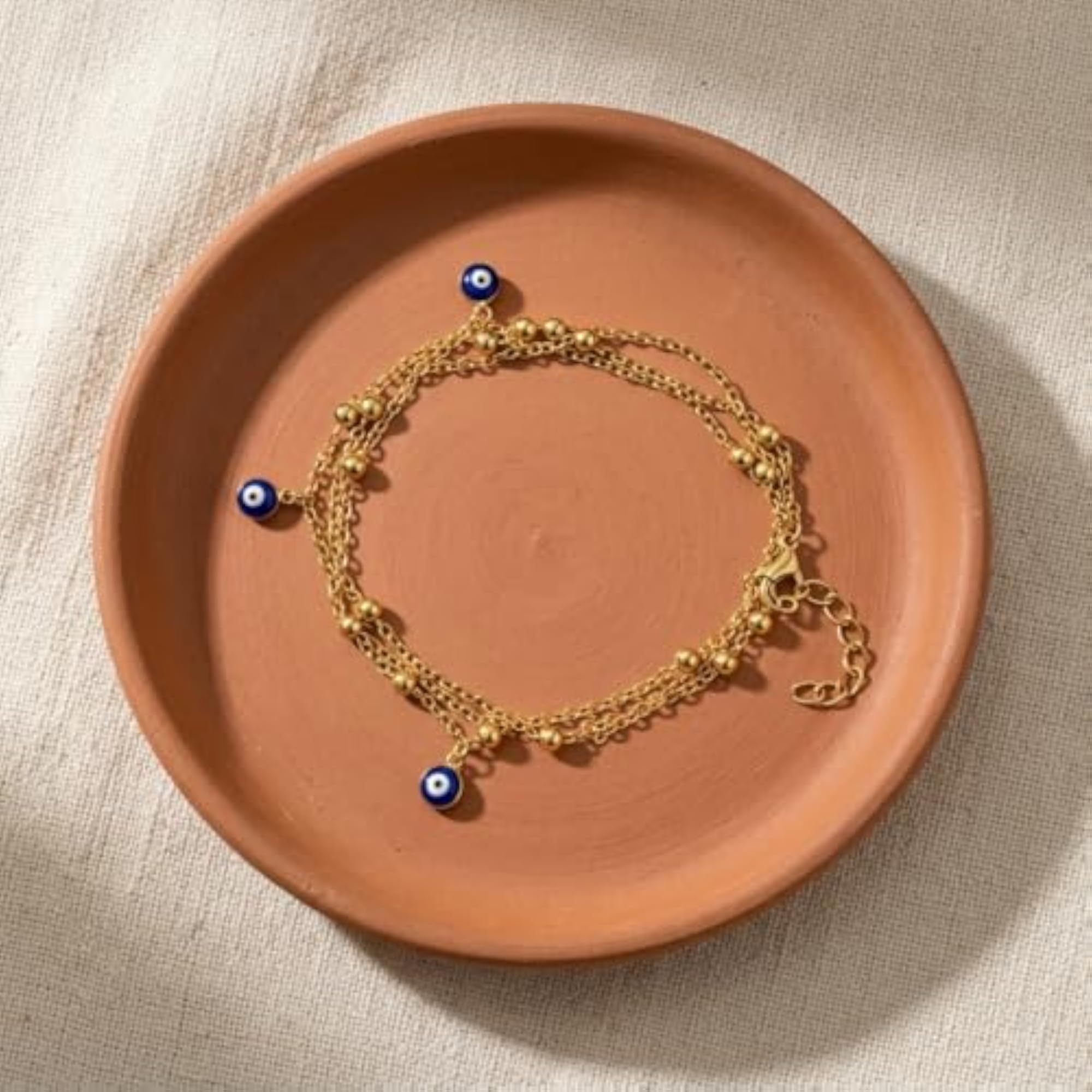 Women's 18K Gold Plated Brass Triple Layered Blue Evil Eye Anklet