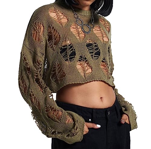 Image of Women Gothic Sweater Hollow Out Ripped Knit Pullover Punk Hole Sexy Slim Fit Cutout Long Sleeve T Shirts Top