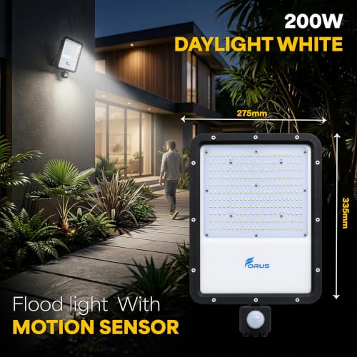 Image of Forus 200W LED Flood Light Daylight White with Motion Sensor Auto On Off Day Night Mode Waterproof Outdoor Security Light for Garden Parking Garage Factory Shop High Bright Floodlight 4Yr Warranty-1Pc