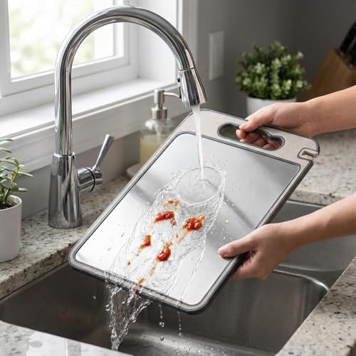 Image of Herrlich Homes Large Steel Chopping Cutting Board for Kitchen with Knife Sharpner | Heavy-Duty Cutting Board | Dual Side usable | Food Grade Quality | Large | 36 x 25 cm