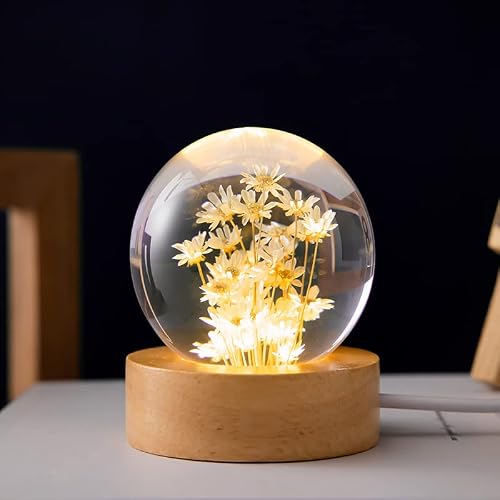 Blumen Kristallkugel Nachtlicht, 6 cm Glas Kugellampe mit Holzsockel, Dekorative LED Nachtlampe für Schlafzimmer & Wohnzimmer (Gelbe Gänseblümchen)