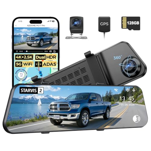 AZDOME PG17 Pro STARVIS 2 Mirror Dash Cam Front and Rear with IMX678, ADAS 12" Rear View Mirror Camera, 4K+ 2.5K Dual HDR Dash Camera for Cars, 5.8GHz WiFi Car Camera with 128GB Card Voice Control GPS