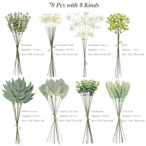 Weldomcor 70 Pcs Mixed Artificial Leaves, 8 Kinds Artificial Greenery Stems Leaves and Faux Flowers - Image 2