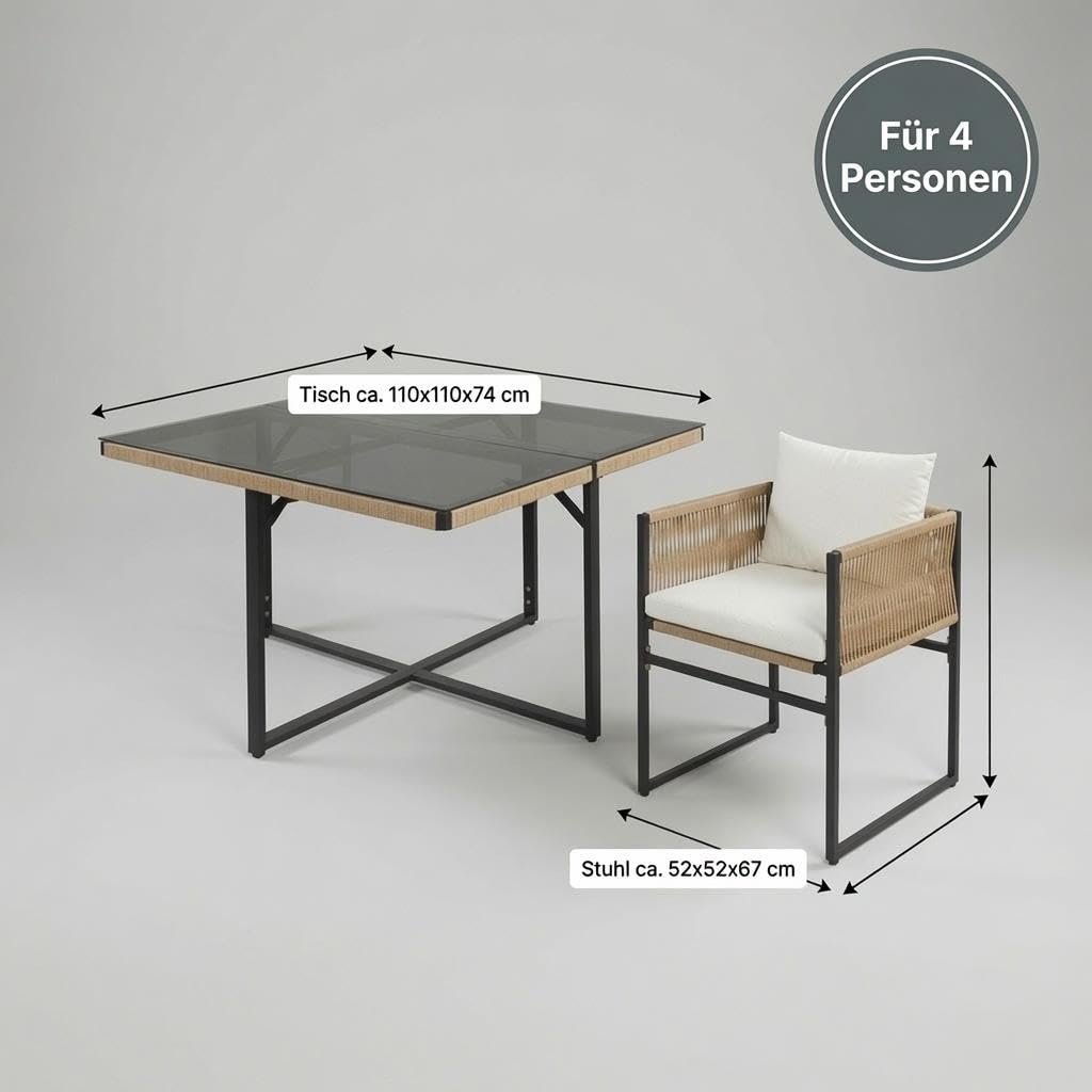 ESTEXO Set di mobili da giardino con elegante design in corda, per esterni, per 4 persone (beige)