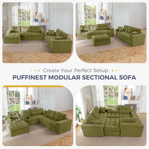 Image of MAXYOYO Modular Sectional Sofa with Ottoman and Loveseat, Cloud Boneless Couch with Layered Cushion, Flexible Module Combination Sofa for Living Room, No Assembly Required,Green
