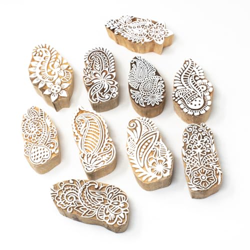 Image of Wooden Indian Traditional Design Printing Stamps /Blocks for Printing Saree Border /Dresses /Craft Card Making /Scrapbook /Clay Pottery (Set of 10)