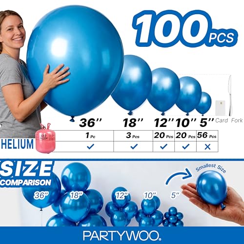 Image of PartyWoo Metallic Blue Balloons 100pcs Different Sizes of 36 18 12 10 5 Inch Chrome Blue Latex Balloons for Graduation Wedding Baby Shower Wedding Bachelorette Birthday Party Decorations Blue-G106