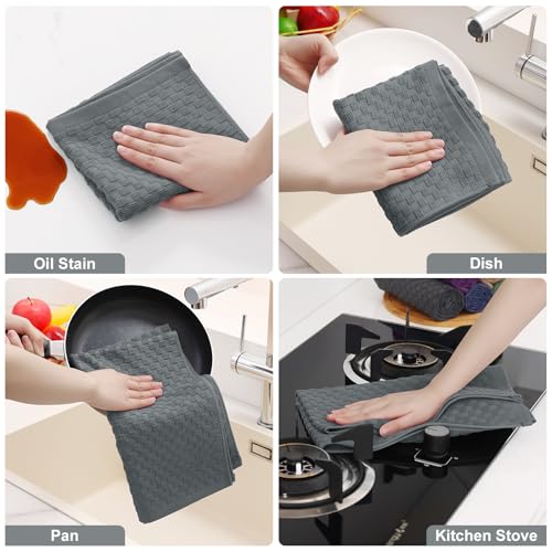Homaxy 100% Cotton Terry Kitchen Towels(15\" x 25\", 6 Pack), Soft and Super Absorbent Dish Towels, 380 GSM Reusable Tea Towel with Hanging Loop, Pineapple Grid Designed, Dark Grey - Thumbnail 5
