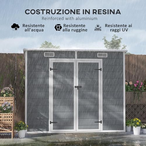 Dechome - Casetta Da Giardino In Resina Con Pavimento, 2 Porte Con Blocco Finestra 2.4 X 1.3 M Colore Grigio - 4