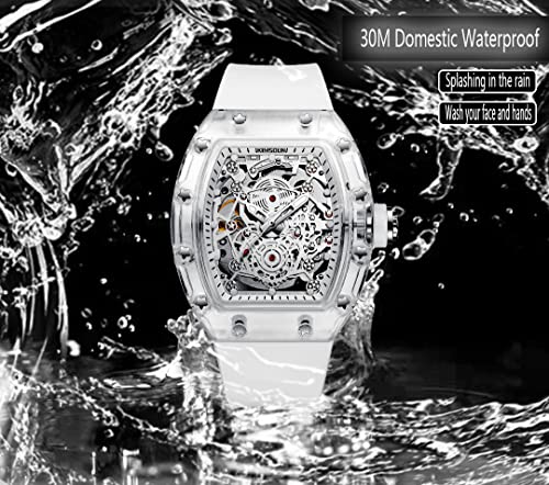 Kimsdun-Stylish Skeleton Sport Watches, Waterproof, Automatic Mechanical Wristwatch, Transparent Tonneau Case Casual Watch, Silicone Strap For Men Unisex Gift (White-White) #TOP4