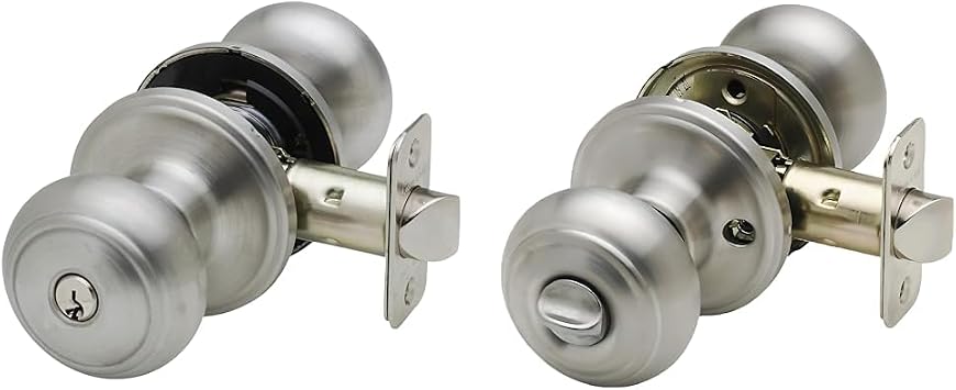 Copper Creek Satin Stainless Colonial Door Knobs with Privacy Locking Function, 2 Pack - Round Knobs for Bedroom, Bathroom, Home Improvement