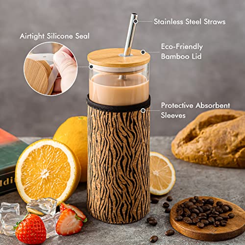 Goldarea 2 Pack Glass Tumbler, 12 Oz Glass Cups With Lids And Straws, Glass Water Bottles With Sleeves, Clear Reusable Drinking Jars, Iced Coffee, Water Tumbler - A Cleaning Brush Included #TOP3