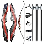 62" Takedown Recurve Bow and Arrow Set for Adult Beginners Wooden Riser Archery Bow Right Handed Target Hunting Bow 25-50lbs with Carbon Arrows Set-40lb,Right Hand