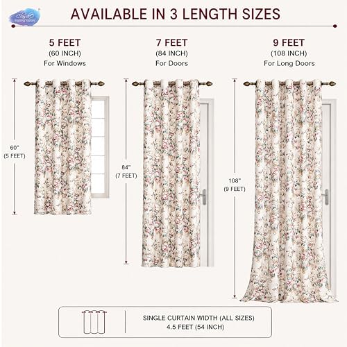 Image of Clasiko Block Print Sheer Door Curtains; 40% Light Filtering Linen Textured Curtains with Eyelets & Tieback; Set of 2; 54x84 Inches / 7 Feet; Pearl Blossom