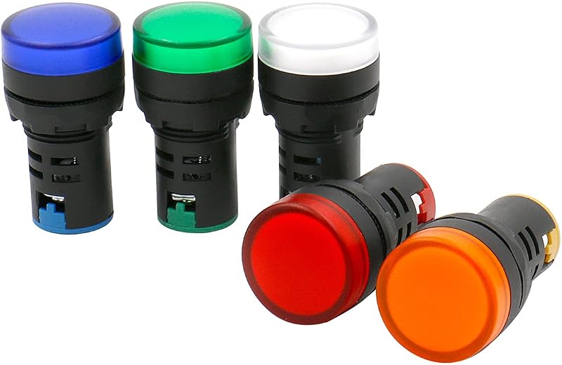 BAOMAIN 22mm LED Industrial Indicator Light,220V AC Pilot Signal Lamp for Industrial Machinery Control Circuits,7/8" Panel Mount, Screw Terminal,5-Color Red,Green,Yellow,Blue,White