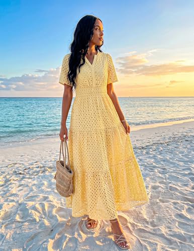 Image of ZESICA Women's 2026 Summer Short Sleeve Maxi Dress Casual V Neck Hollow Out Eyelet Ruffle Swing A Line Long Dresses