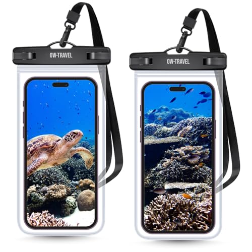 OW Travel   Bolsa impermeable para teléfono (paquete de 2), funda impermeable IPX8 para natación. Bolsa seca. Cordón ajustable. Fundas impermeables para iPhone 16 15 14 13 12 11 Pro Max XS, Samsung