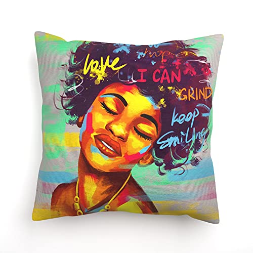 African Girl Throw Pillow Covers 18X18 Set Of 4, Gray Green Pillow Covers African Womens Throw Pillow Covers Watercolor Girls Word Pillowcase Decor Beautiful Cushion Cover For Livingroom Outdoor Sofa #TOP2