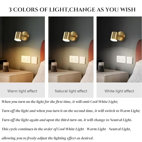 KRUIHAN LED Gold Wall Lights, 350° Rotatable Modern Minimalist Tri-Color Wall Sconce for Bedside, Living Room, Bathroom, Bedroom, Hallway - Cosy Home Interiors KRUIHAN LED Gold Wall Lights, 350° Rotatable Modern Minimalist Tri-Color Wall Sconce for Bedside, Living Room, Bathroom, Bedroom, Hallway - Image 3