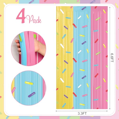 Image of Blosssound 4 Packs Donut Party Decorations 3.3 x 6.6 ft Donut Sprinkle Foil Fringe Curtain Colorful Ice Cream Tinsel Streamers for Easter Birthday Baby Shower Sweet Shop Decoration(4 Packs, Doughnut)