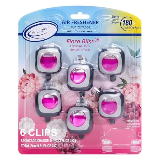 Air Jungles Flora Bliss Scent Car Air Freshener Clip, 6 Vent Clips, 4ml Each, Long Lasting Air Freshener, Up to 180 Days Car Refresher Odor Eliminator