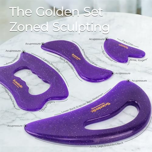 Image of Scienlodic 4 Pcs Gua Sha Massage Tools for Face & Body (Purple, Resin) - Guasha Scraping Tool for Jawline Contouring, Puffiness Reduction, Neck, Back, Legs & Muscle Relaxation