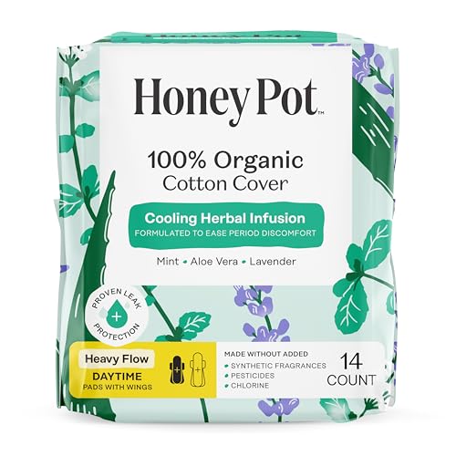 Image of The Honey Pot Company - Herbal Sanitary Pads for Women - Heavy Flow w /Wings - Infused w /Essential Oils for Cooling Effect & Organic Cotton Cover - Feminine Care - 14 ct