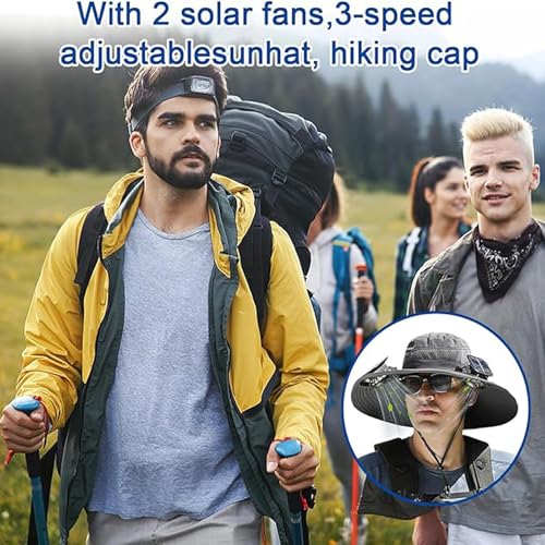 Image of Solar Fan Hat,Wide Brim Solar Fan Outdoor Fishing Hat,Mens Sun Hat with 2 Fan, Waterproof Outdoor Hiking Camping Fishing Hat(Grey)