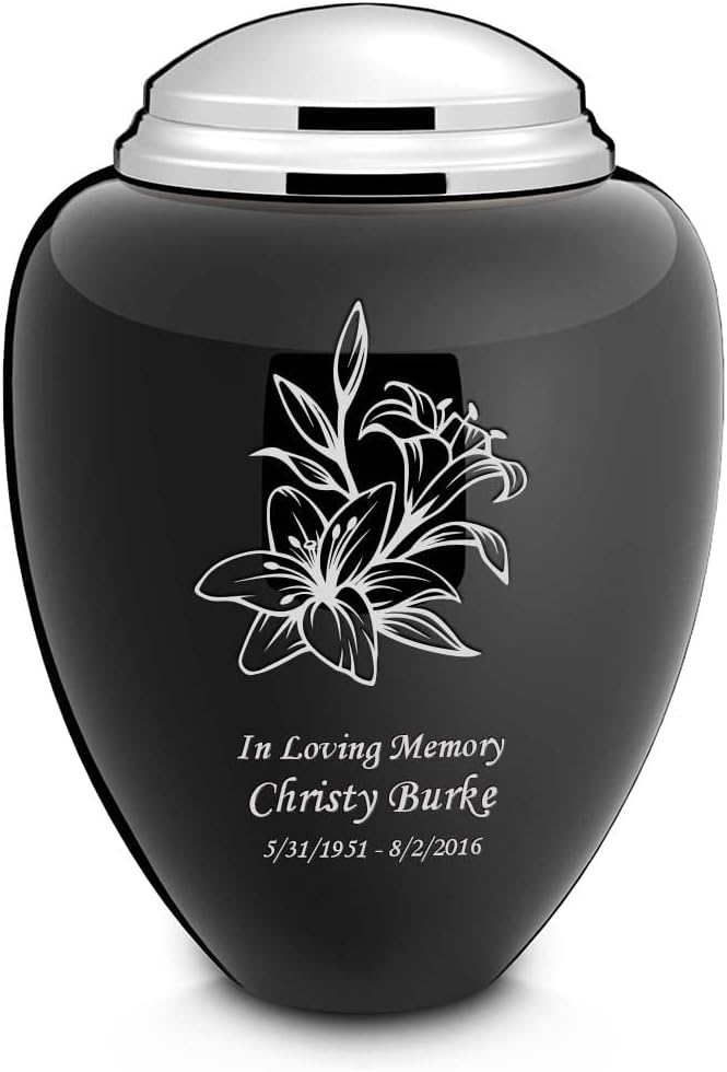 Geturns Tribute Adult Personalized Lily Cremation Urns for Human Ashes I Large Black & Shiny Pewter Funeral Urn for Men and Women I 220 lbs
