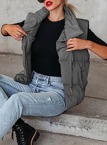 Dokotoo Women's Casual Winter Puffer Vest Sleeveless Cropped Outerwear Warm Lightweight Stand Collar Down Coats with Pockets2