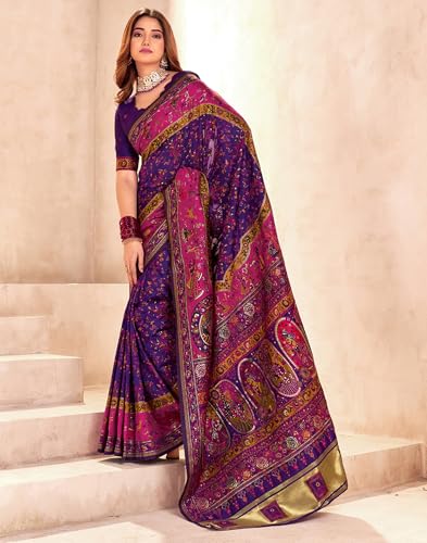 Image of SIRIL Women's Silk Kashmiri Minakari Jacquard Saree With Unstitched Blouse Piece
