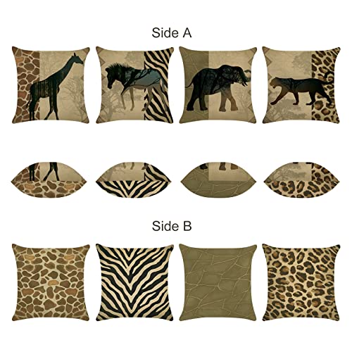 Bonhause African Animals Leopard Throw Pillow Covers 18 X 18 Inch Set Of 4 Giraffe Elephant Horse Zebra Decorative Pillows Case Polyester Linen Outdoor Cushion Covers For Couch Sofa Bed Home Decor #TOP1