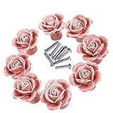 Material: cerámica. Juego de pomos de cerámica para armario, cajón, diseño elegante de rosa, incluye tiradores y tornillos, color blanco/rosa rosa
