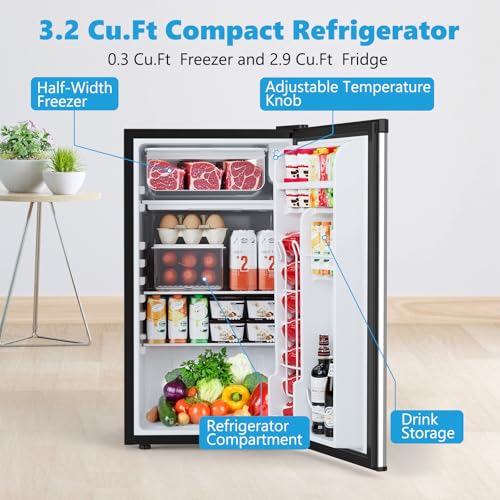 Image of COWSAR 3.2 Cu.ft Mini Fridge with Freezer, Compact Dorm Refrigerator with Reversible Single Door, Adjustable Thermostat, Energy Saving, Perfect for Office, Dorm, Bedroom, Home, Silver