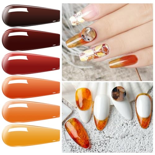Vishine Gel Collection - Esmalte de uñas en gel semipermanente, efecto carey tortuga roja, coral, tostado, ámbar, naranja, juego de 6 colores, UV y led, estuche de 8 ml