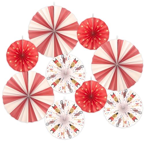 Cheerland Circus Birthday Decorations Red White Stripes Hanging Paper Fans Set Carnival Animal Wall Garlands Photo Backdrop for Baby Shower Bday Classroom Vintage Circus Party Decoration 9pcs