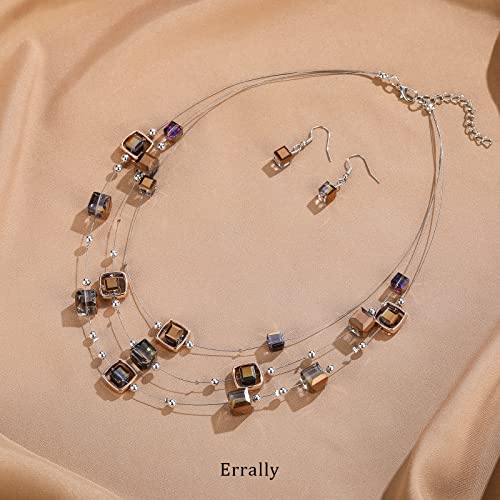 Layered Silver Beaded Necklace For Women Square Crystal Beads Statement Collar Necklace And Earrings Fashion Costumes Jewelry Sets For Women(Metal) #TOP1