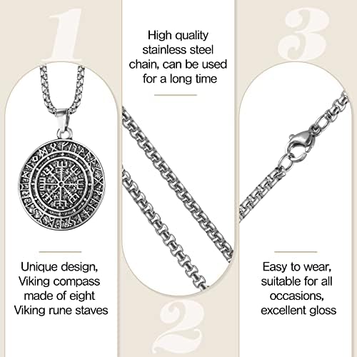 Viking Necklace Compass Amulet Pendant Necklaces Stainless Steel Norse Jewelry for Men Engraved Protective Amulet Necklace Gift Vintage Original Jewelry