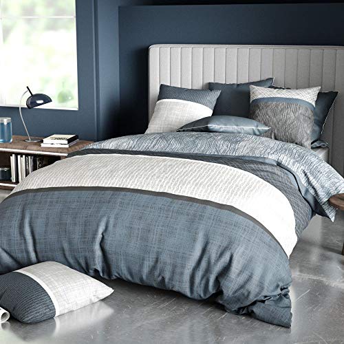 Housse de Couette avec taie d'oreiller – Parure de lit 100% Percale de Coton 71 Fils Brehat : Taille au Choix - Housse de Couette 2 Personnes 220x240 cm + 2 taies d’Oreiller
