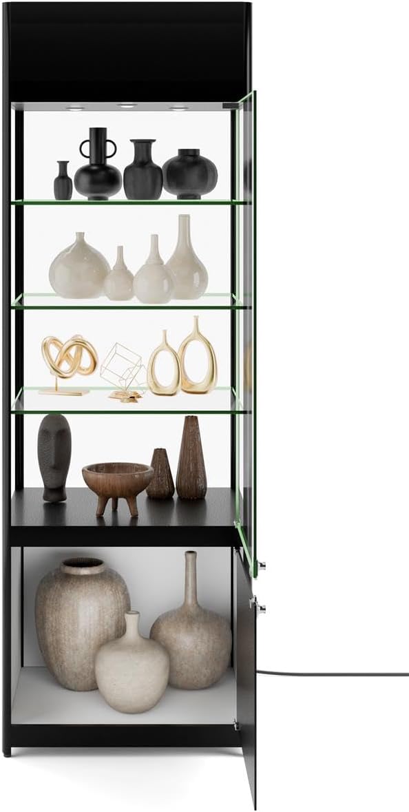 Displays2go 72" Curio Cabinet, 4 Display Levels, LED Top Lighting, Locking Door and Storage Base - Black (SCTWRLD24)