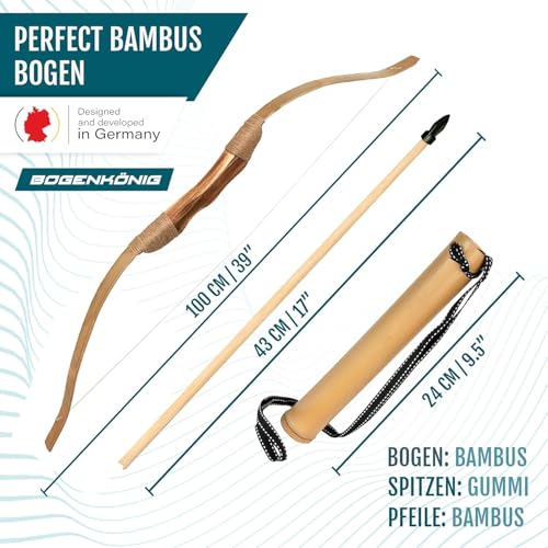 Bogenkönig Abenteuerfreude Holz Pfeil und Bogen Kinder ab 6 - Robuste Qualität für Langlebigkeit - 2er Set inkl. 20 Pfeile und 2 Köcher - Perfekt für Anfänger - Bogenschießen Kinder - Kinderbogen Set