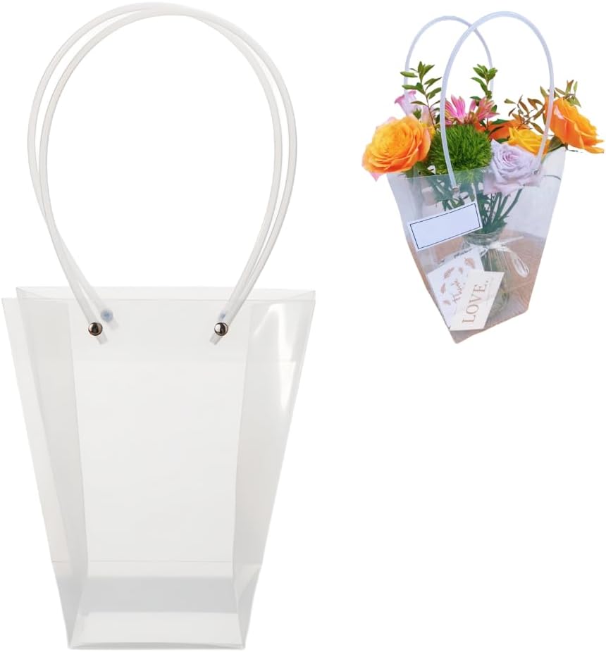 BBJ WRAPS Clear Flower Bouquet Bags with Handle Florist Shop Packaging Supplies, 5 Pcs (4 * 7 * 7.9 inch)