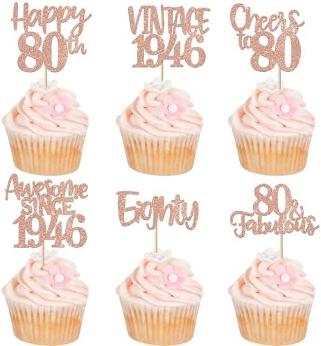 ZHUOWEISM 24 PCS Happy 80th Birthday Cupcake Toppers Glitter Eighty 80 Fabulous Vintage 1946 Cupcake Picks for Cheers to 80 Years 80th Birthday Wedding Anniversary Party Cake Decorations Rose Gold — view 7